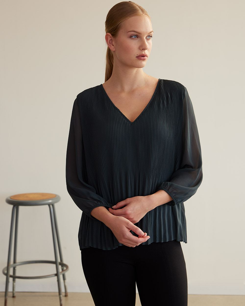V-Neck Pleated Blouse with 3/4 Sleeves