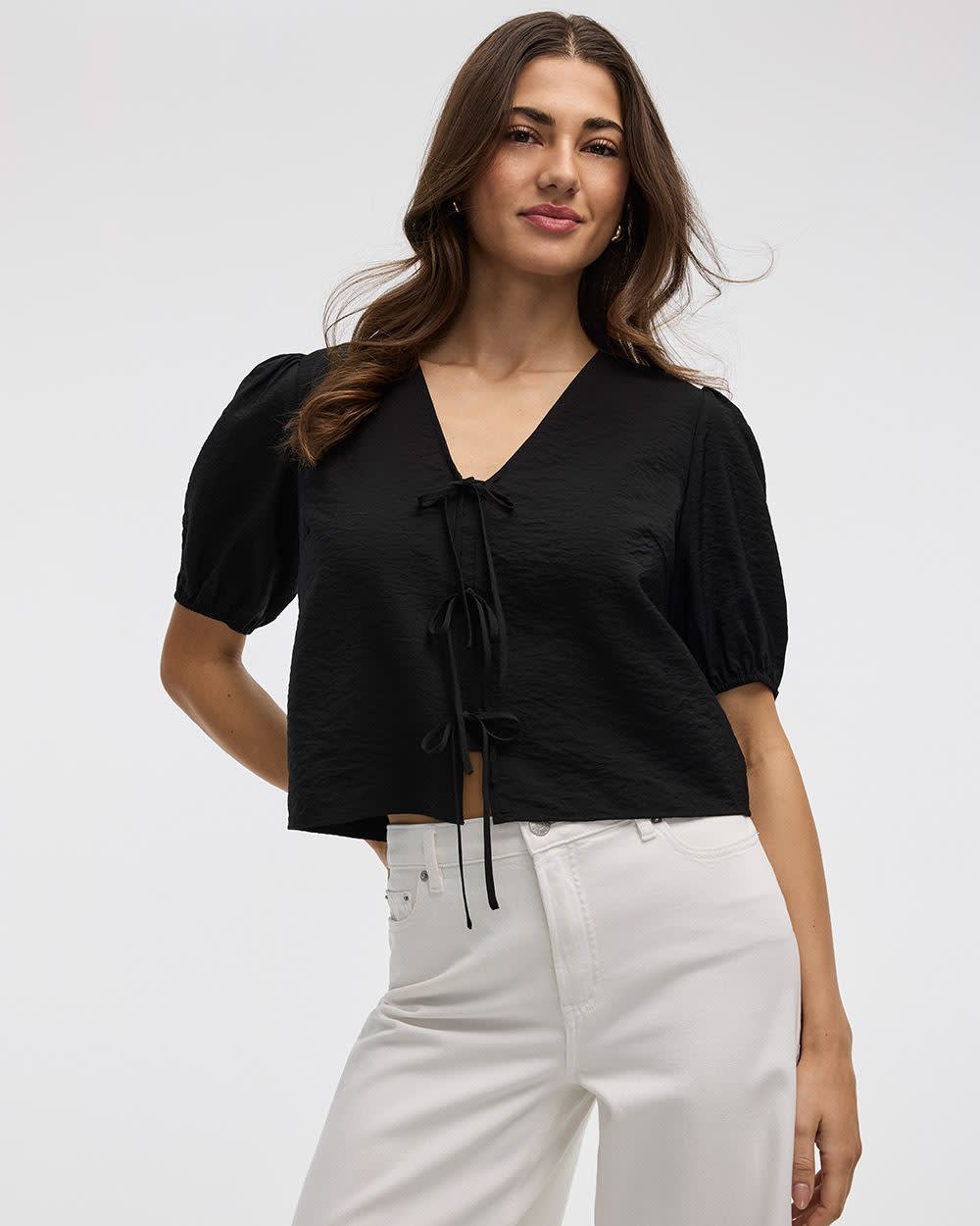 Elbow-Sleeve V-Neck Blouse with Self-Tie Closure