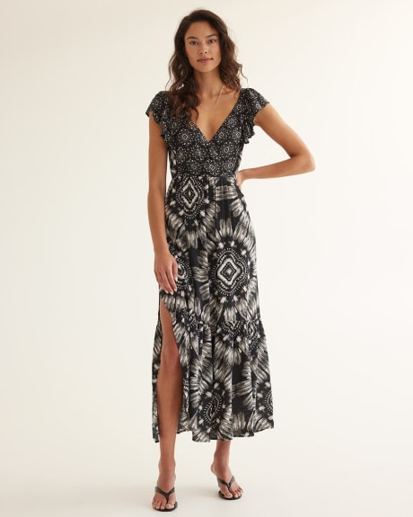 Short-Sleeve Maxi Dress with Wrap V Neckline
