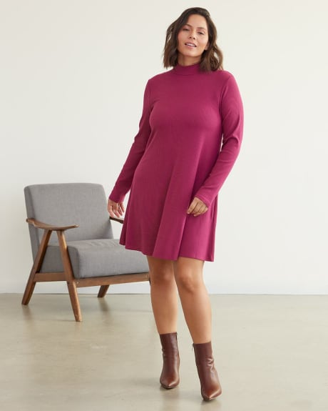 Long-Sleeve Ribbed Swing Dress with Mock Neckline