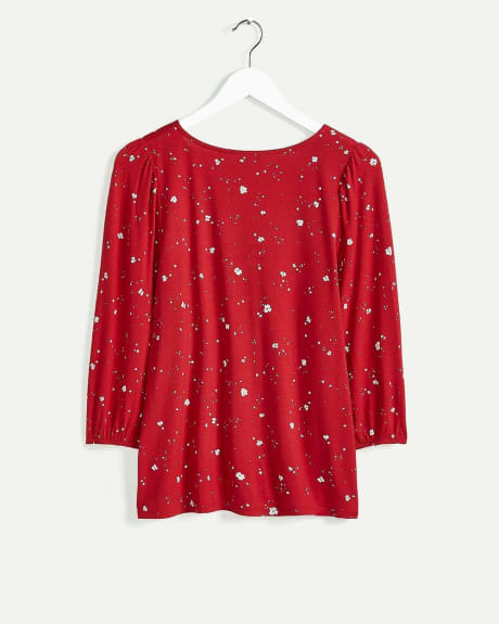 3/4 Sleeve V-Neck Printed Top with Buttons - Petite