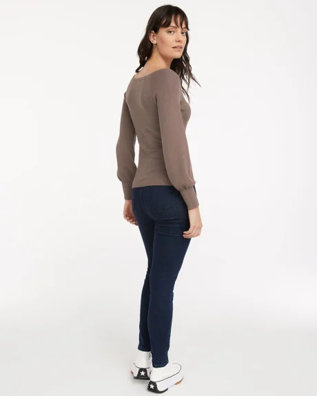 Ribbed V-Neck Pullover with Long Balloon Sleeves