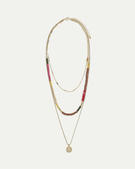 Three-Chain Short Necklace with Wooden Beads