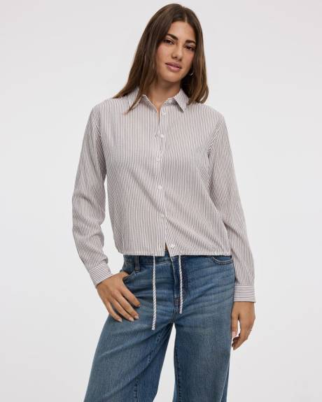 Seersucker Long-Sleeve Buttoned-Down Blouse