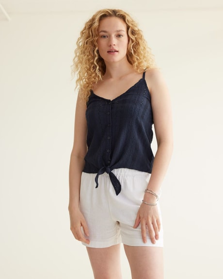 Sleeveless Eyelet Top with Tie at Front