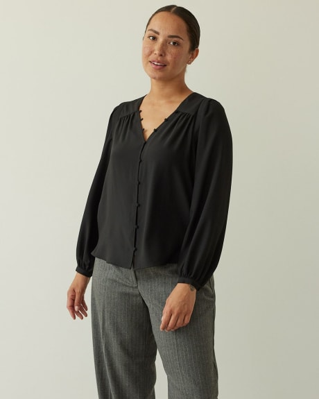 Long-Puffy-Sleeve Blouse with Buttoned V Neckline