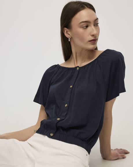 Short-Flutter-Sleeve Open-Neck Buttoned-Down Top