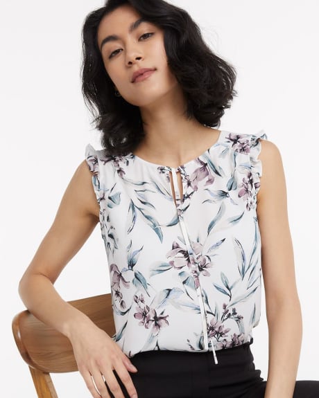 Ruffled Sleeve Crew Neck Printed Top with Tie