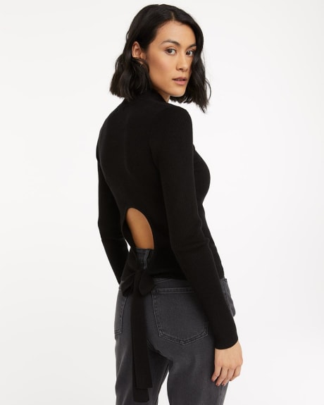 Ribbed Mock-Neck Sweater with Cutout at Back