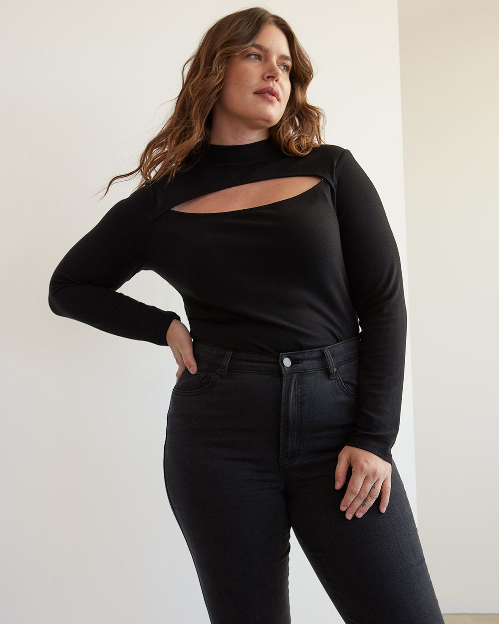 Long-Sleeve Textured Top with Cut-Out Detail, Regular