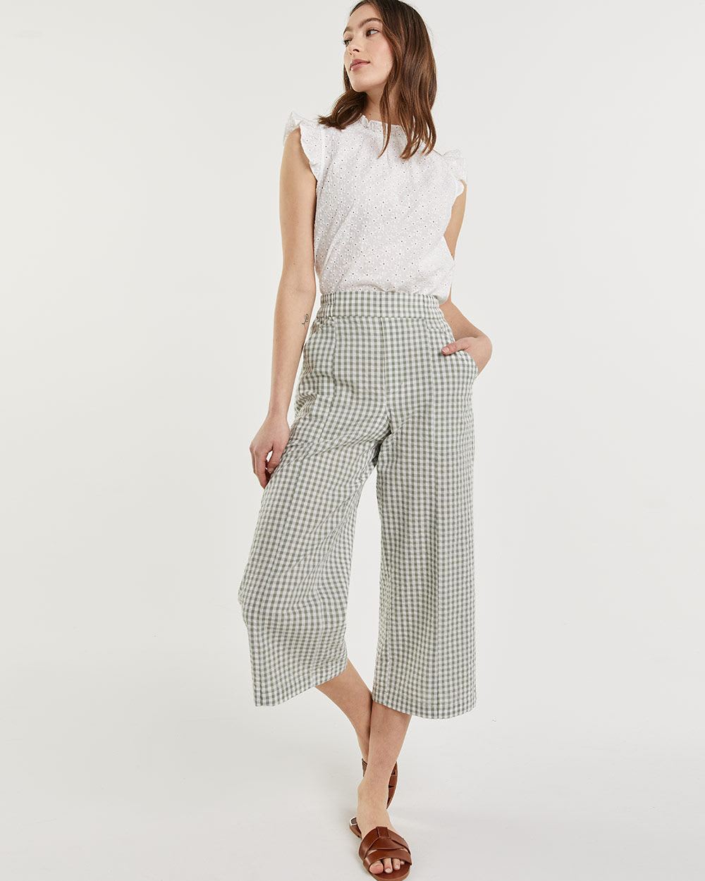 Wide Leg Cropped Gingham Pant