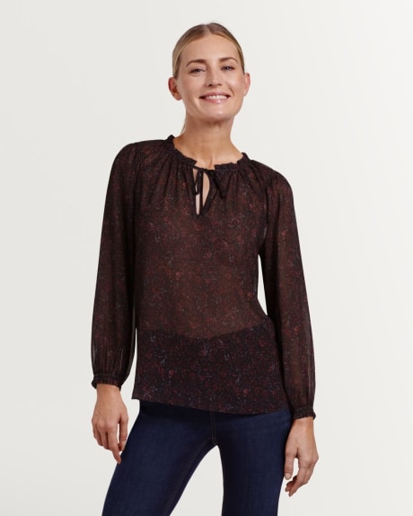 3/4 Sleeve Split Neck with Shirring Details Printed Blouse - Petite