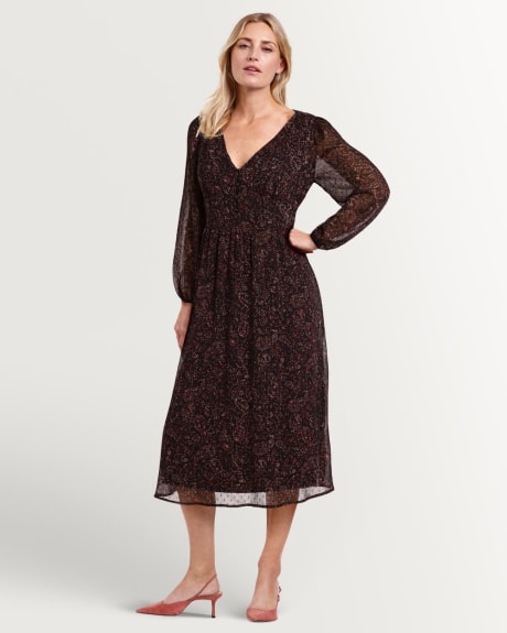 Long Sleeve V Neck Midi Dress with Shirring Accents