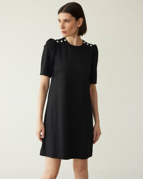 Short-Sleeve Shift Dress with Buttons at Shoulders