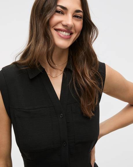 Cap-Sleeve Buttoned-Down Midi Dress with Cinched Waistband