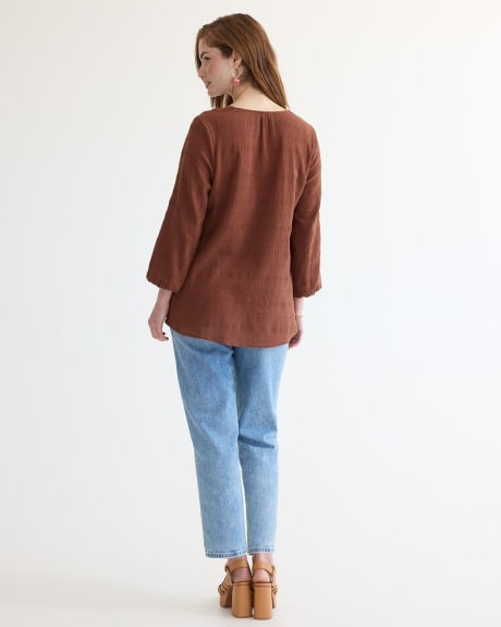 Long-Sleeve Textured Blouse with Split Neckline
