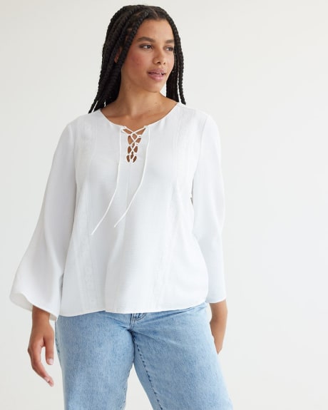 Long-Sleeve V-Neck Loose Blouse with Lace Details