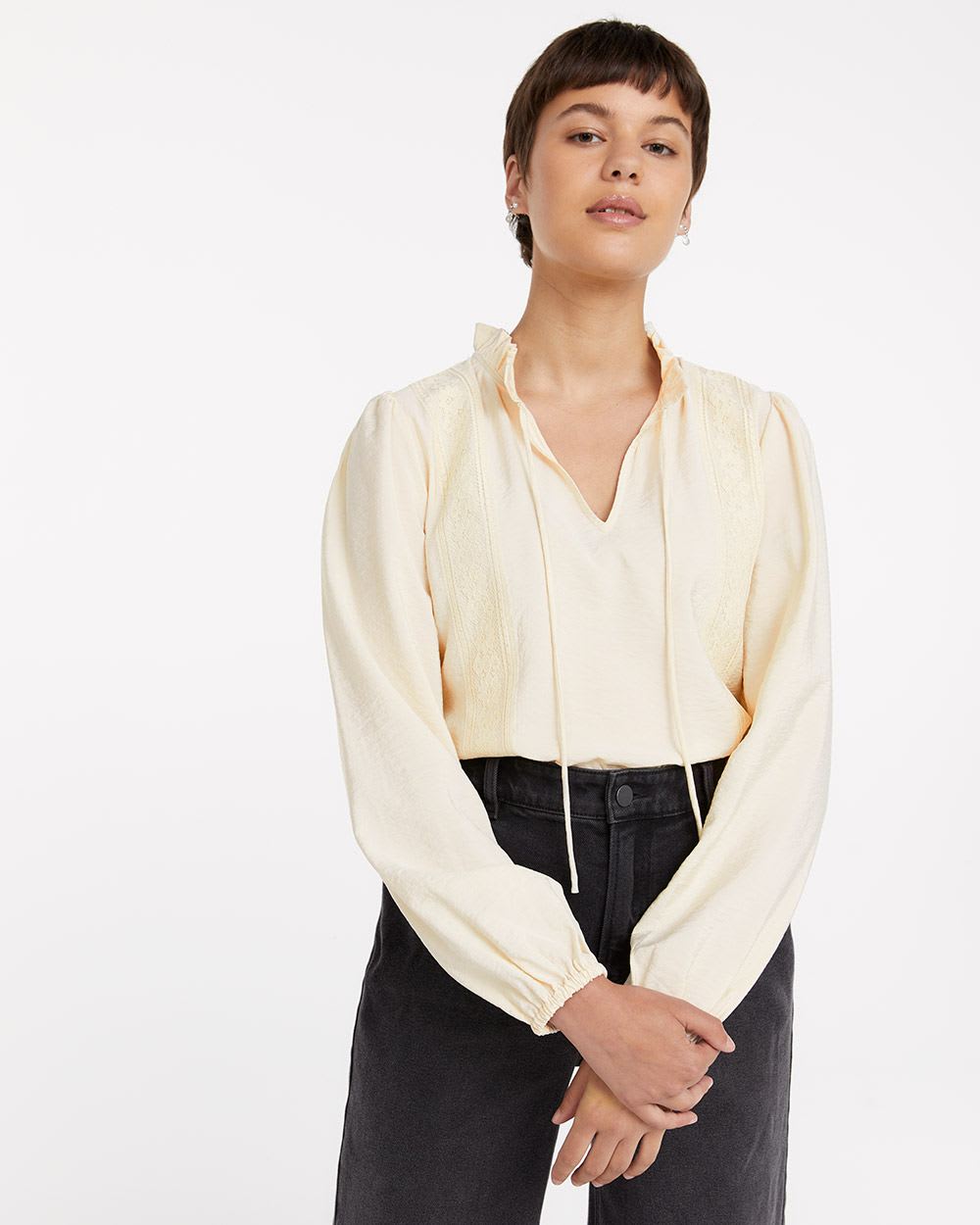 Split-Neck Blouse with Lace Inserts