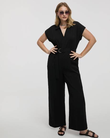 Straight-Leg Extended-Sleeve Belted Jumpsuit