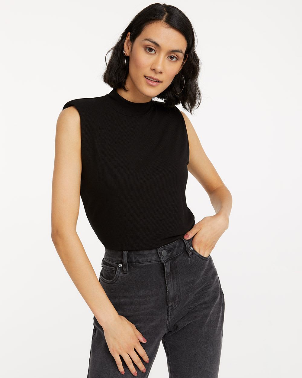 Ribbed Mock-Neck Top with Open Back