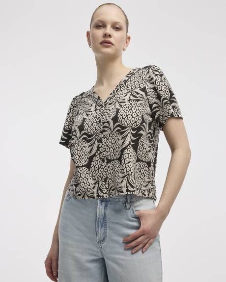 Short-Flutter-Sleeve V-Neck Buttoned-Down Blouse