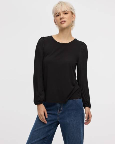 Pleated-Long-Sleeve Boat-Neck Mix-Media Top