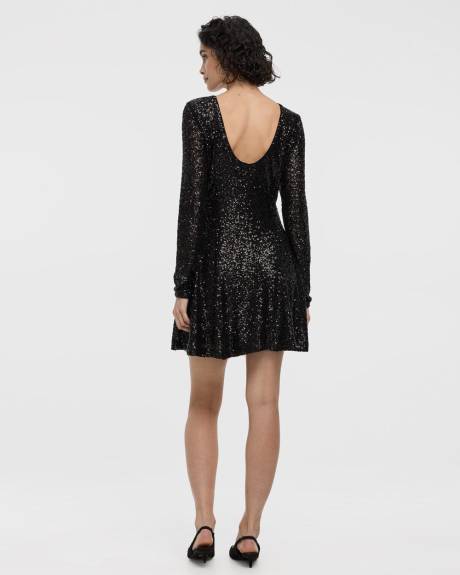 Long-Sleeve Mini Fit-and-Flare Sequins Dress