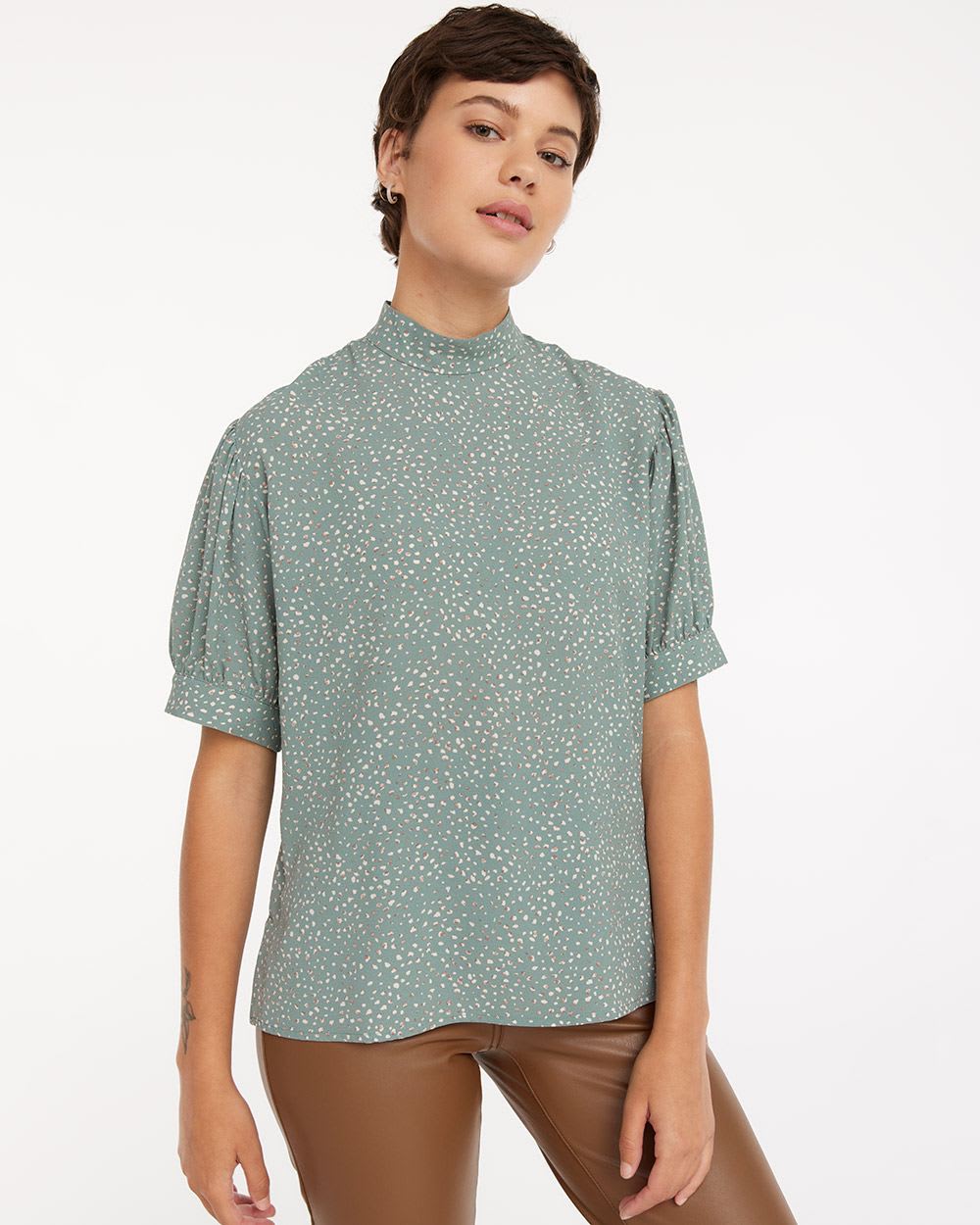 Printed Short-Sleeve Blouse with Mock Neckline