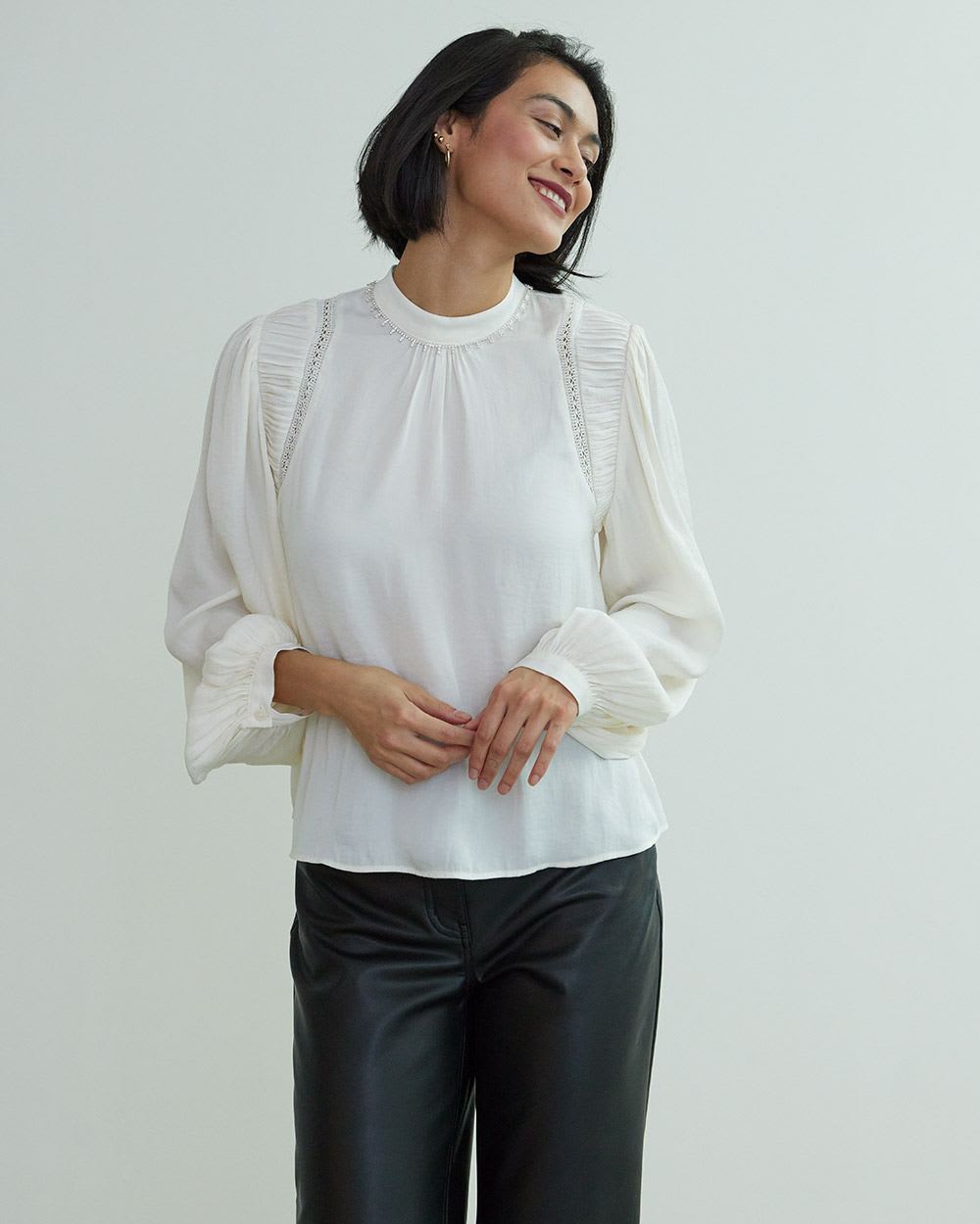 Long-Sleeve Blouse with Shirred Shoulders