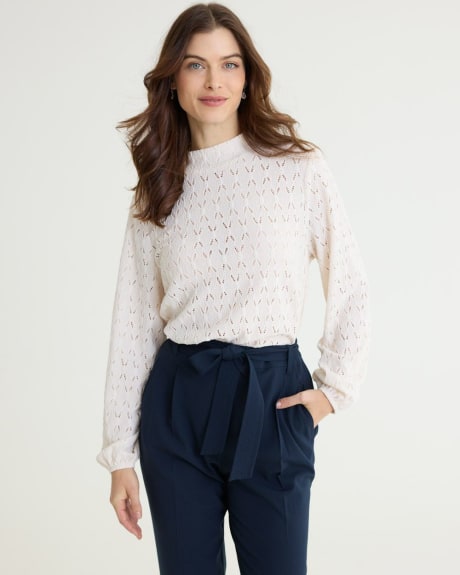 Long-Sleeve Eyelet Top with Mock Neckline