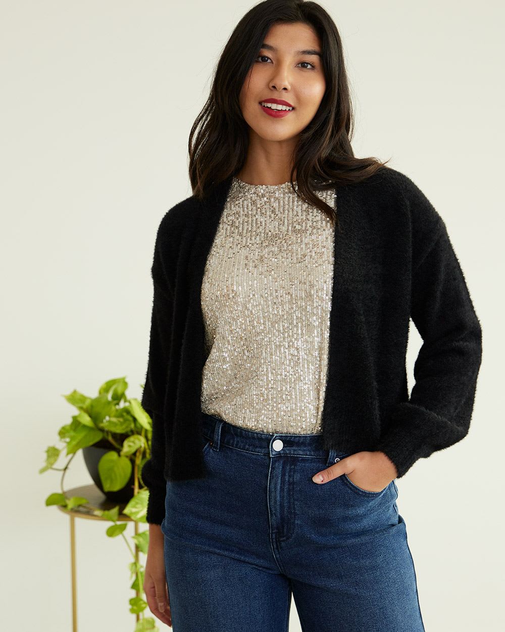 Cropped Open Cardigan with Long Balloon Sleeves