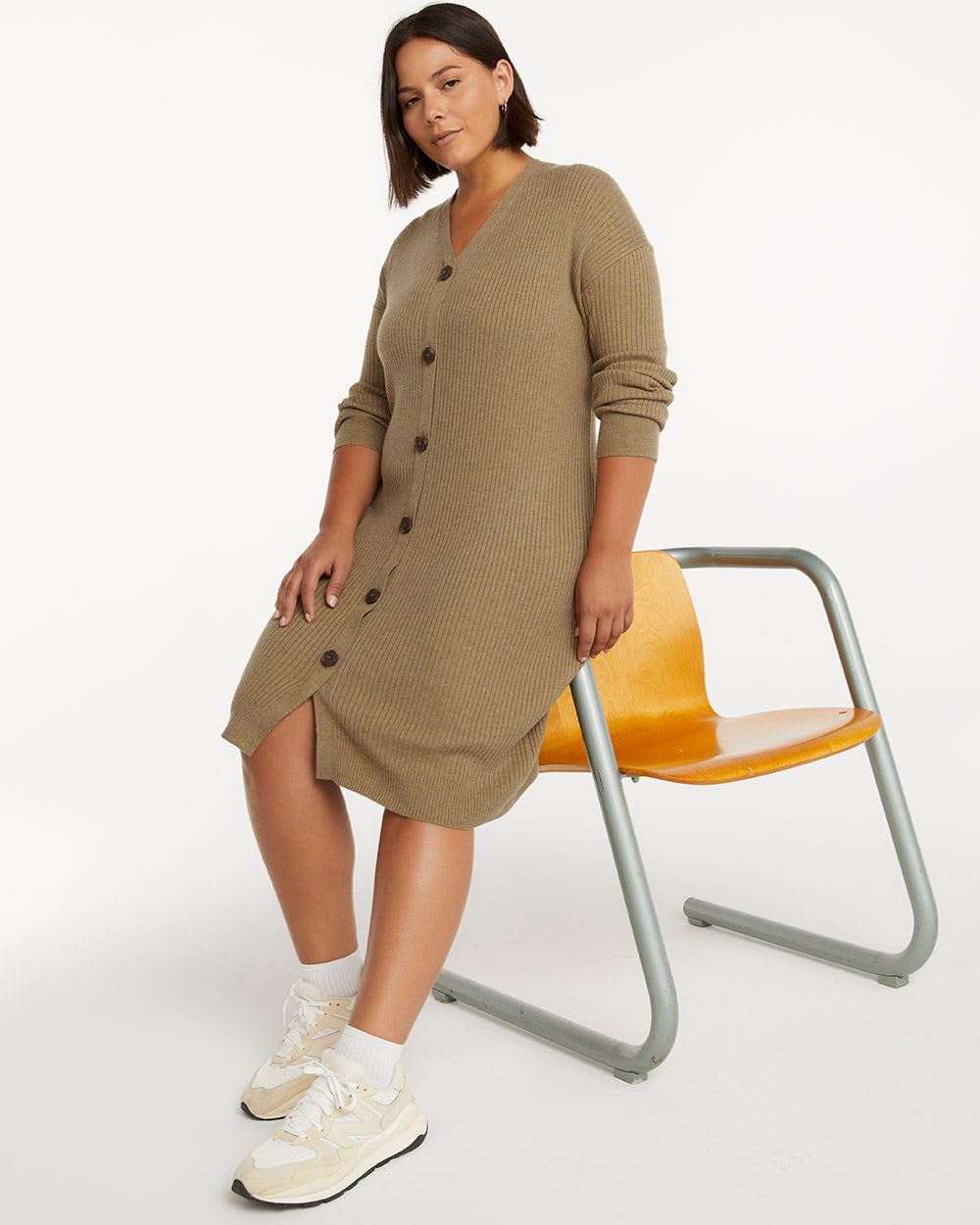 Buttoned-Down Ribbed Sweater Dress