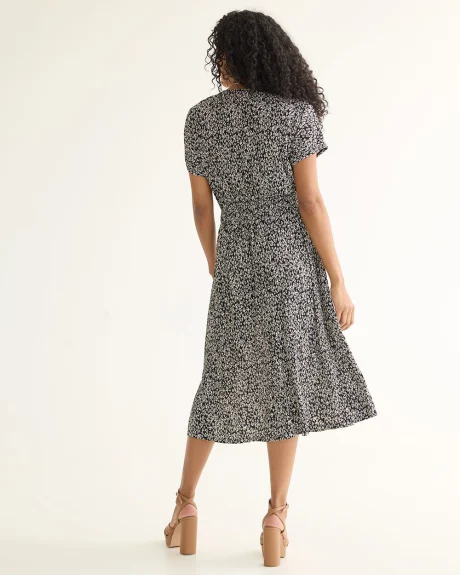 Short-Sleeve Fit and Flare Dress with Wrap Neckline