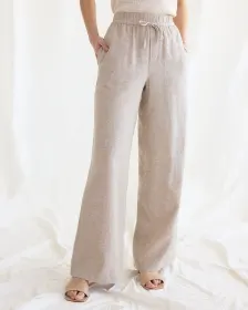 Pantalon en lin à jambe large et taille haute - Long