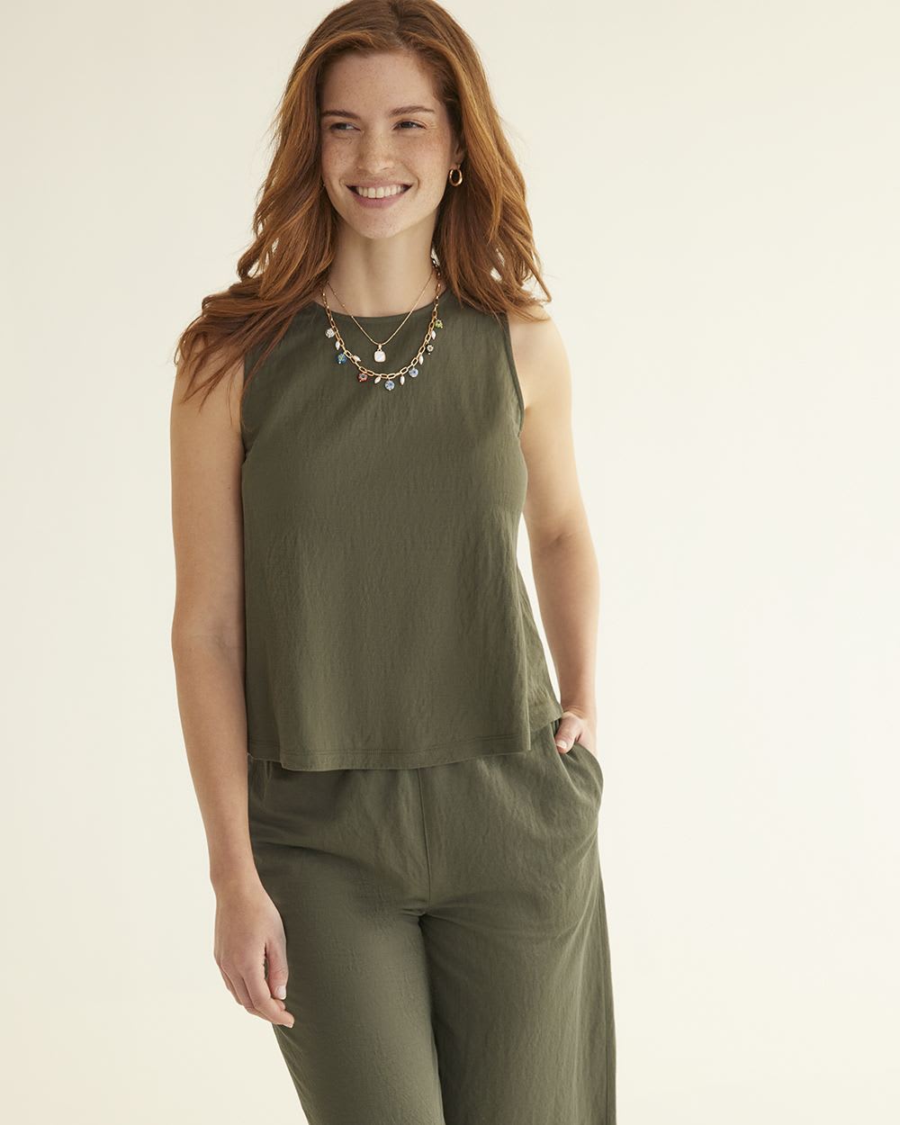 Cropped Crew-Neck Tank with Back Buttons, Regular