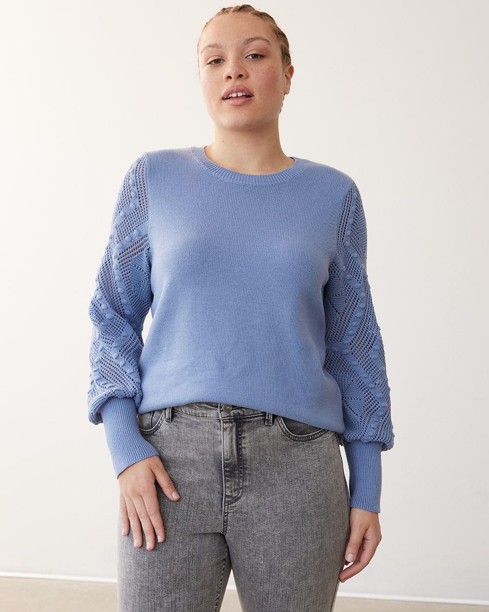 Long-Sleeve Crew-Neck Sweater with Popcorn Stitches