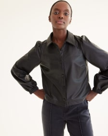 Buttoned-Down Faux Leather Shirt with Long Sleeves