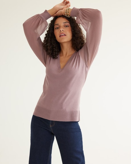 Fitted V-Neck Sweater with Sheer Long Sleeves