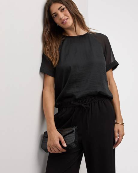 Blouse bimatière à manches courtes et col rond