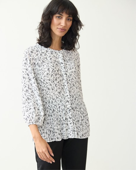 3/4-Sleeve Pleated Blouse with High Neckline