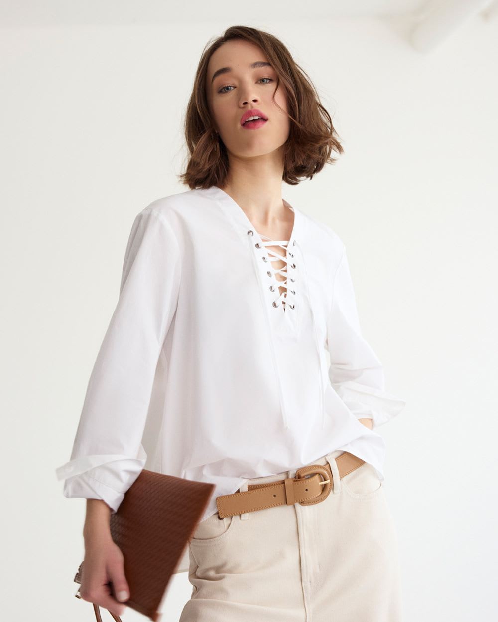 Long-Sleeves Laced-Up V-Neck Blouse