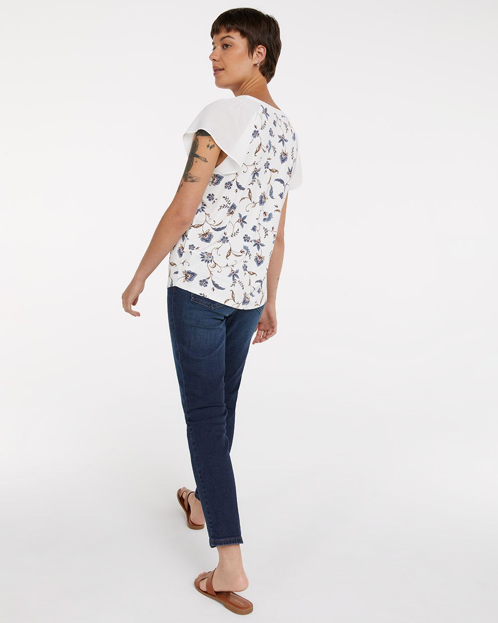 Printed Mixed-Media Split-Neck Blouse with Flutter Sleeves