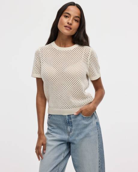 Short-Sleeve Crew-Neck Open-Stitch Pullover