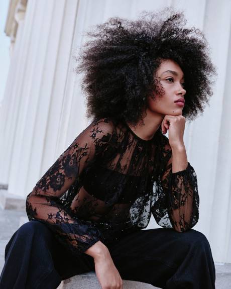 Long-Sleeve Lace Blouse with Beads