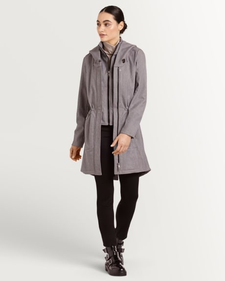 Manteau coquille souple gris chiné à capuchon