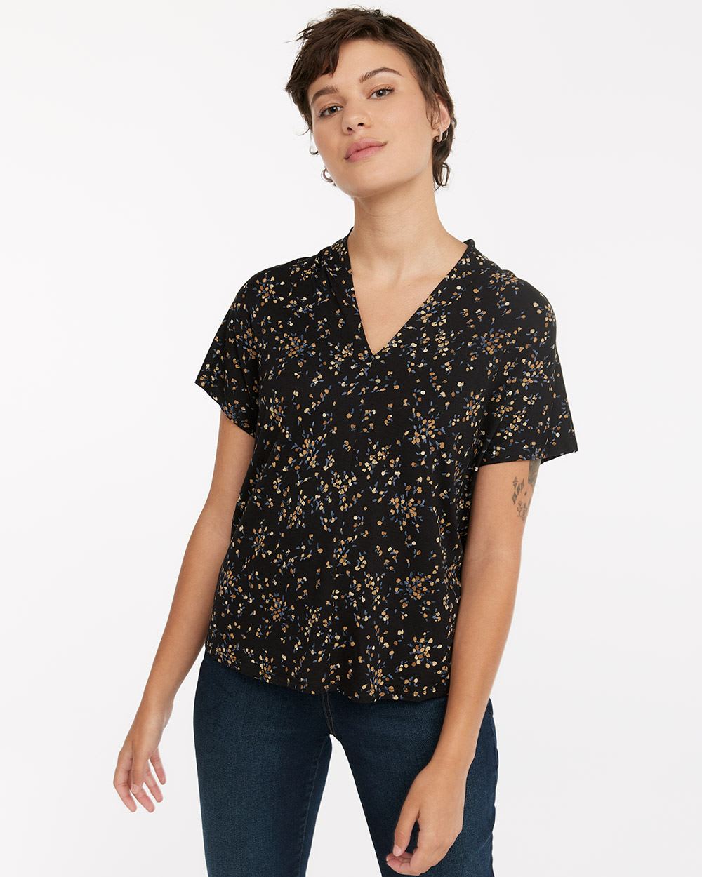 Printed V-Neck Top with Extended Sleeves