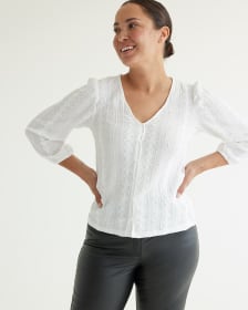 3/4-Sleeve Buttoned-Down Eyelet Blouse