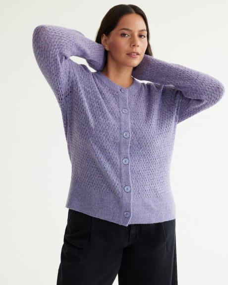 Crew-Neck Buttoned-Down Cardigan with Long Balloon Sleeves