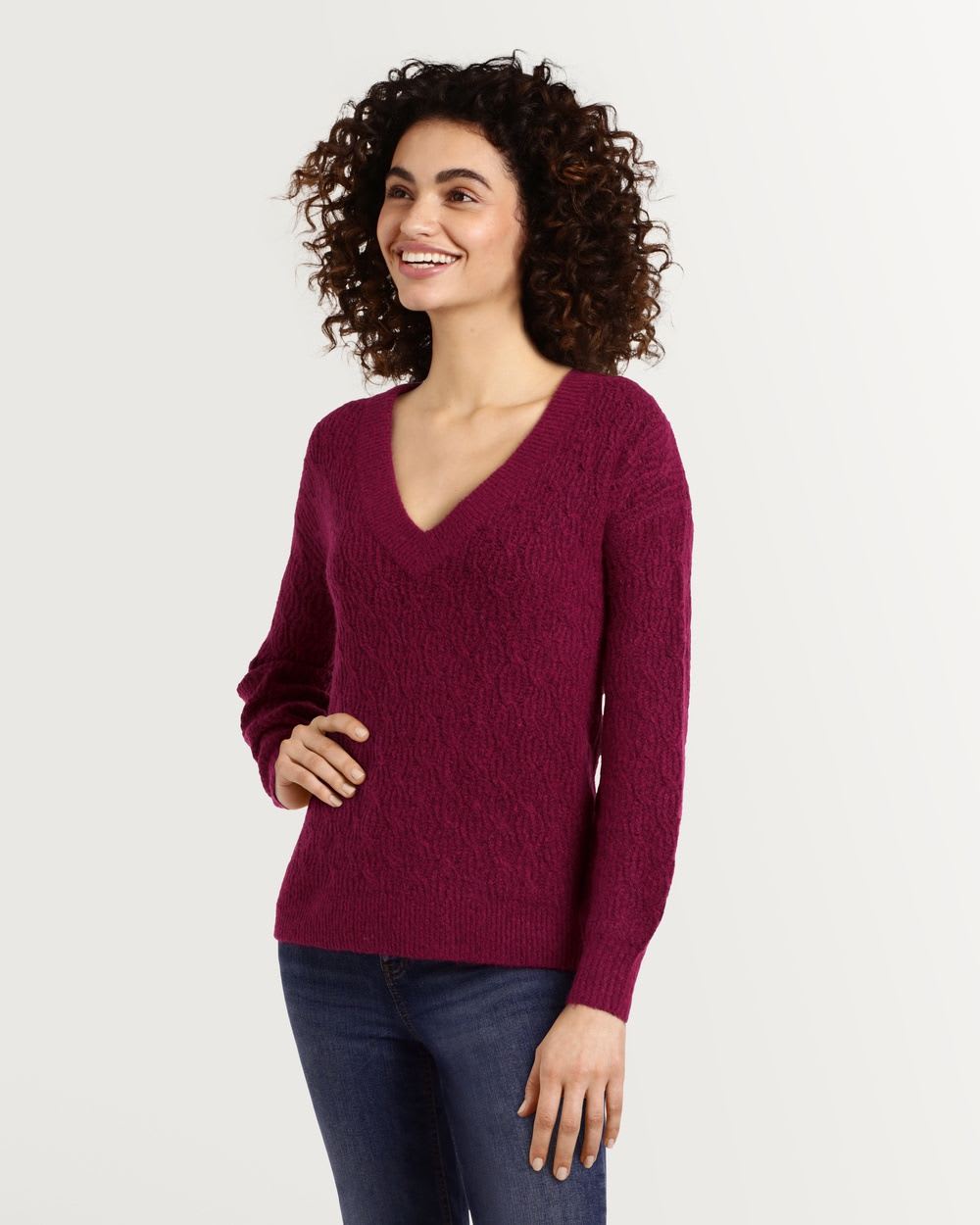 Cable Knit V Neck Pullover with Balloon Sleeves