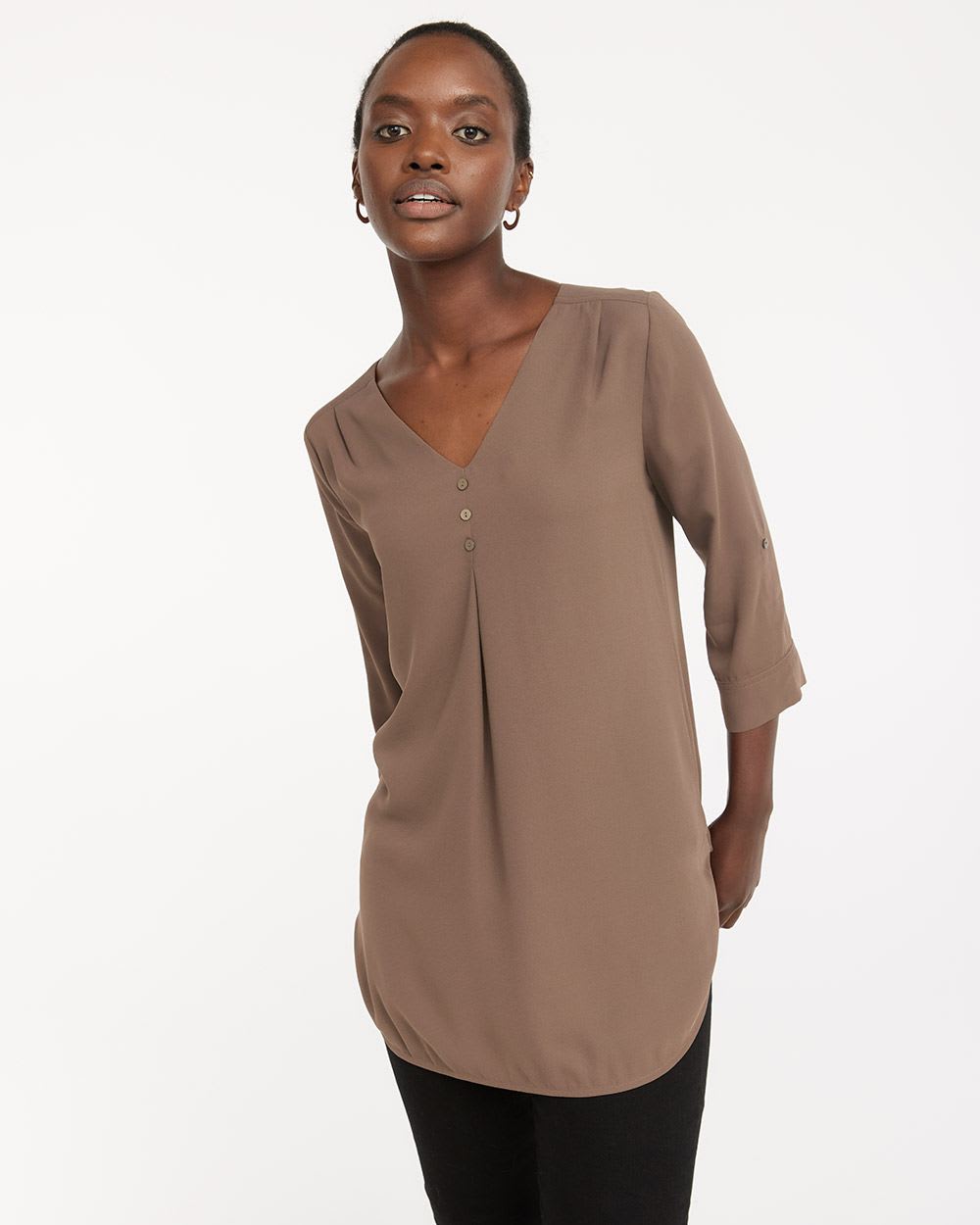 Solid V-Neck Tunic with 3/4 Sleeves